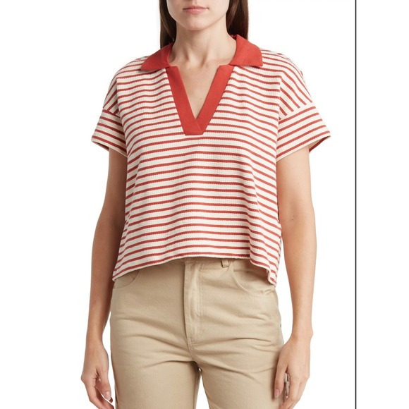 Madewell Tops - Madewell Polo Shirt Women Small Red NWT Knit Striped Short Sleeve Top